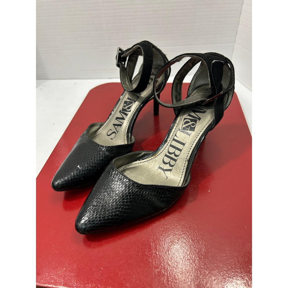 Sam & Libby Snakeskin Pointed Toe Heels 6 Black Ankle Strap Goth Office Siren
